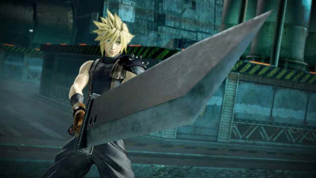 A pretty boy with spiky, blond hair wields a sword twice his size.