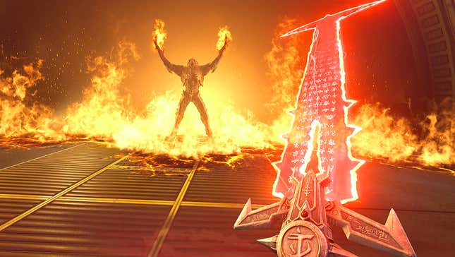 a hellraiser standing in a pool of fire in doom eternal