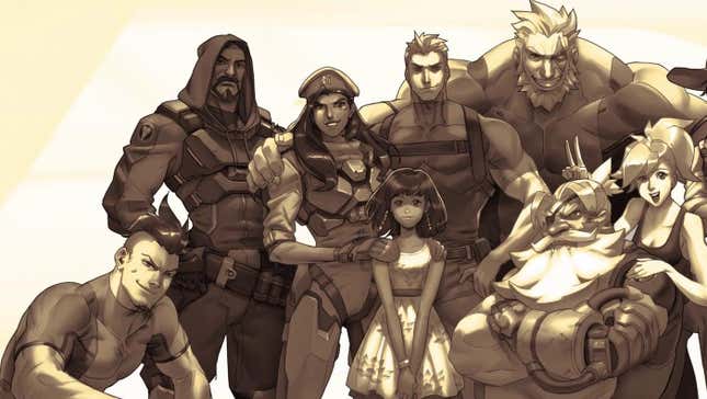 A group photo of the original Overwatch crew and a young Pharah.