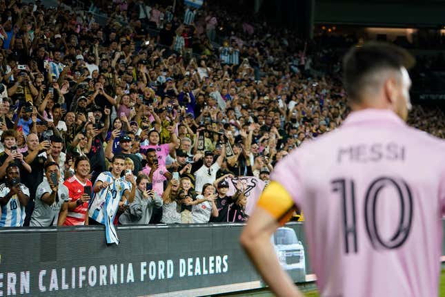 FILE - Fans cheer as Inter Miami forward Lionel Messi (10) waits for a corner kick during the second half of an MLS soccer match against Los Angeles FC, Sunday, Sept. 3, 2023, in Los Angeles. Messi, 36, has 11 goals and eight assists in 12 games across all competitions for Inter Miami. (AP Photo/Ryan Sun, File)