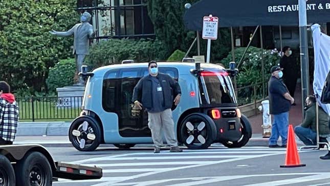 What appears to be a Zoox self-driving taxi on the streets of San Francisco this weekend.