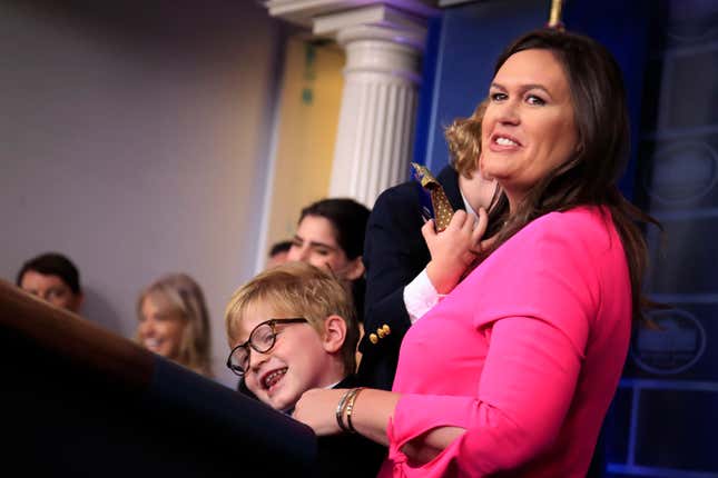 White House press secretary Sarah Huckabee Sanders in the Brady press briefing room at the White House in Washington, Thursday, April 25, 2019