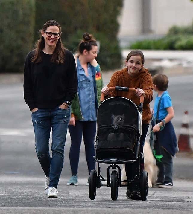 Image for article titled Regal Cat Selflessly Allows Jennifer Garner to Accompany Him on a Walk