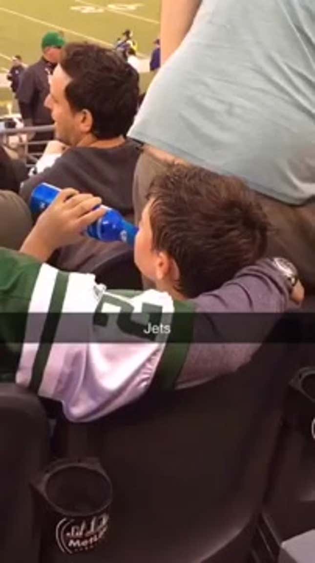 Kid At Jets Game Enjoys Whatever's In That Bud Light Bottle
