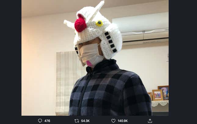 Image for article titled Yes, This Gundam Helmet Was Crocheted