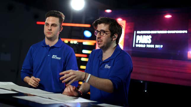 Tom Brooks and Jimmy Broadbent commentate during the Sport FIA 2019 World Tour event in 2019.