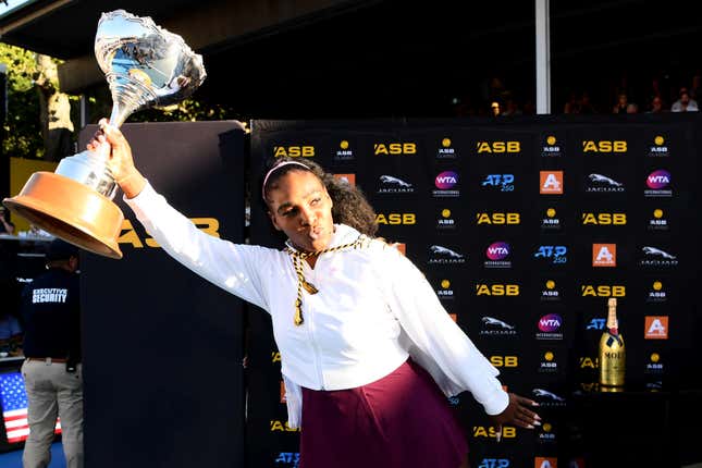 Serena Williams of USA celebrates with the trophy after winning the final match against Jessica Pegula of USA at ASB Tennis Centre on Jan. 12, 2020, in Auckland, New Zealand