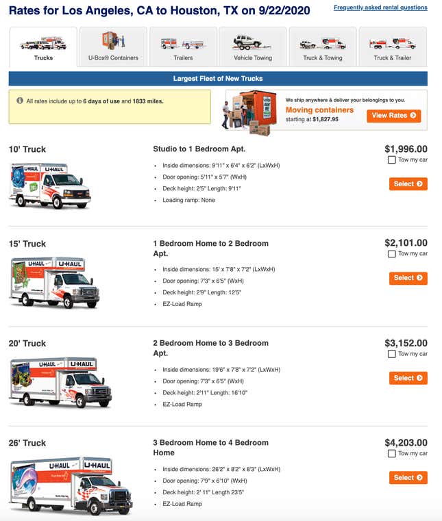 Image for article titled Moving Truck Prices In LA And San Francisco Are Skyrocketing Due To Demand