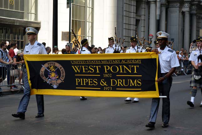 West Point cadet marching band on Broadway in a procession honoring police officers killed in the 9/11 attacks at the World Trade Center in Lower Manhattan in New York City in 2016.