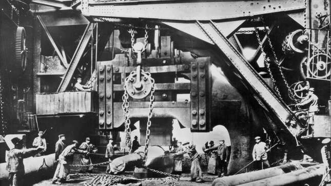 View inside the Krupp Metal Works, known for its steel manufacturing and armament production, in Essen, Germany, 1861.