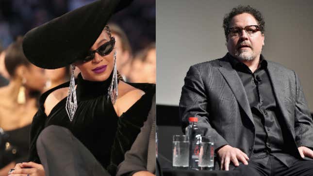 (L-R): Recording artist Beyonce attends the 60th Annual GRAMMY Awards on January 28, 2018 in New York City. Jon Favreau speaks onstage at Tribeca Talks: Jon Favreau with Scarlett Johansson during 2017 Tribeca Film Festival on April 21, 2017 in New York City. 