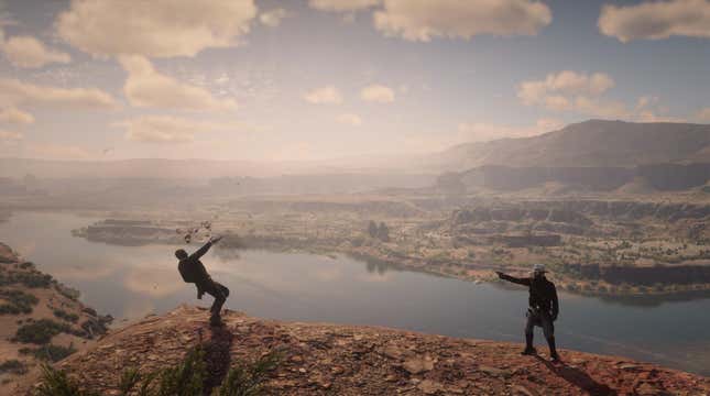 Image for article titled Red Dead Player Kidnaps Sheriffs, Shoots Them In Beautiful Locations