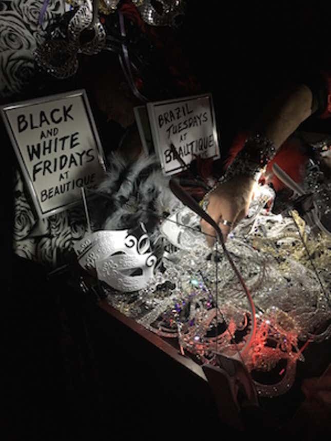 Orgy masks on display. (Image by Madeleine Davies)