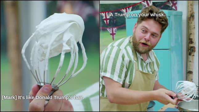 Mark holding his whisk upright to resemble Trump's hair
