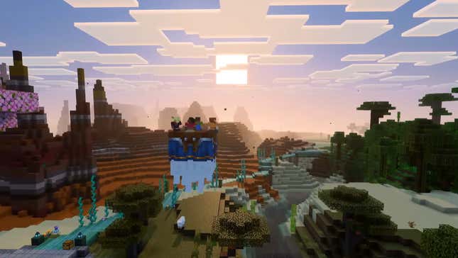 Players ride a Ghast to a sunset. 