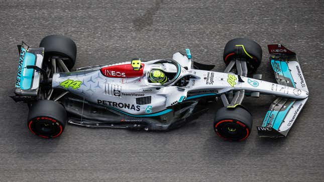 A photo of the Mercedes W13 F1 car. 