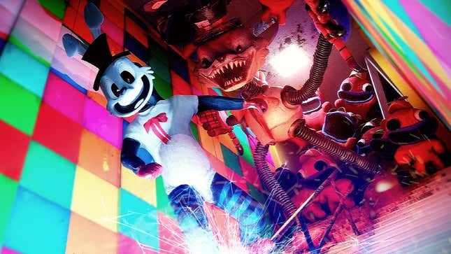 Creepy mascots stand in a colorful hallway.