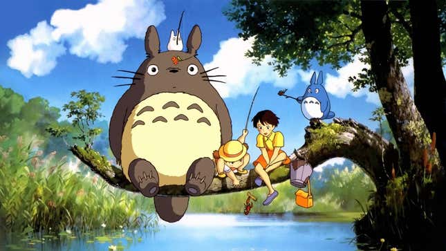 Totoro and kids sit on a tree branch over a river. 