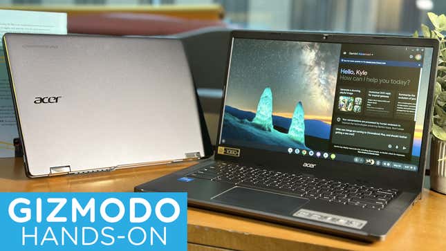 An Acer Chromebook Spin 714 and a Chromebook Plus 514 on a table next to a book and a plant
