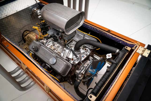 A photo of the small block Chevy engine in the Casket Car