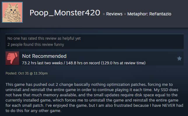 A screenshot shows a Steam review for Metaphor: ReFantazio.