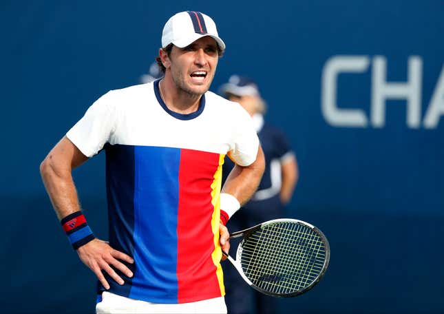 Mischa Zverev, of Germany, reacts after losing a point to Thai-Son Kwiatkowski, of the United States, during the first round of the U.S. Open tennis tournament, Monday, Aug. 28, 2017, in New York. (AP Photo/Michael Noble)