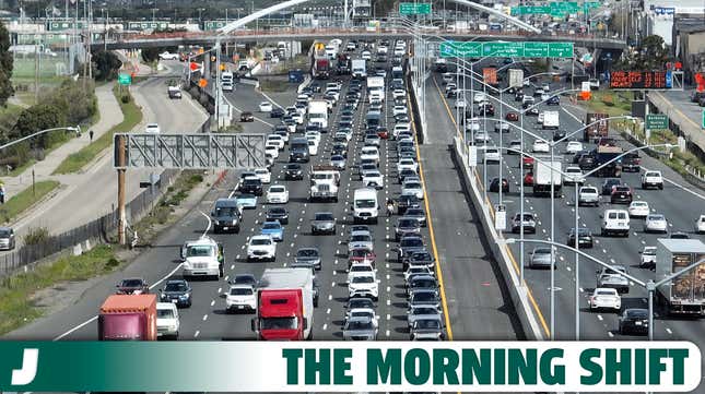 In an aerial view, trucks move along Interstate 80 on March 31, 2023 in Berkeley, California.