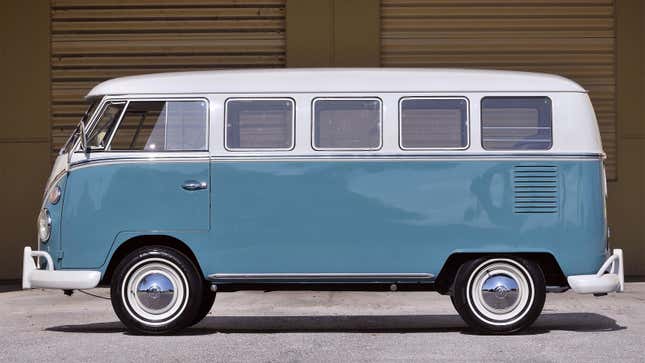 A blue and white VW bus from 1960 