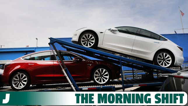 Tesla cars are delivered to a showroom in Brooklyn on April 25, 2019 in New York City.