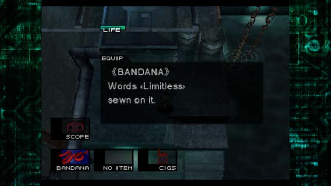 A screenshot of Metal Gear Solid shows the player equipping the Bandana.