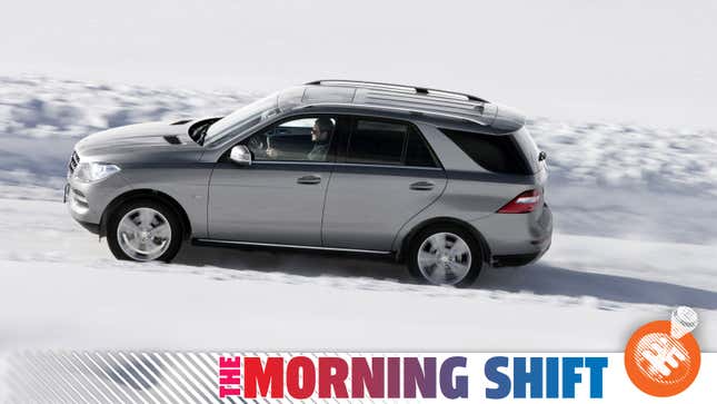 A promotional image of a 2011 Mercedes-Benz ML350 driving through snow, with a Jalopnik "The Morning Shift" graphic overlaid.