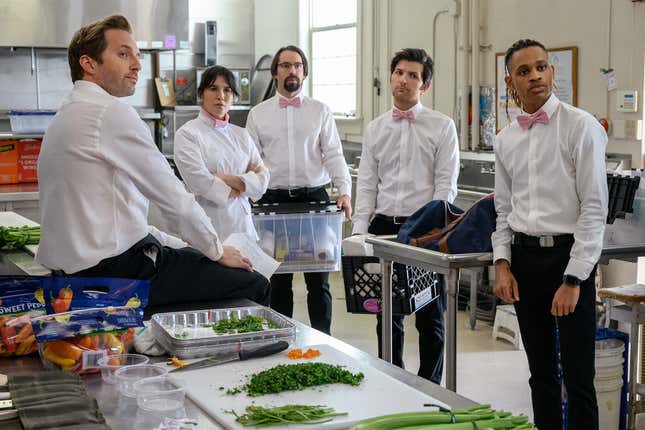 Ryan Hansen (“Kyle Bradway”), Zoe Chao (“Lucy”), Martin Starr (“Roman  Debeers”), Adam Scott (“Henry Pollard”), Tyrel Jackson Williams  (“Sackson”) finding out they’re serving Nazis