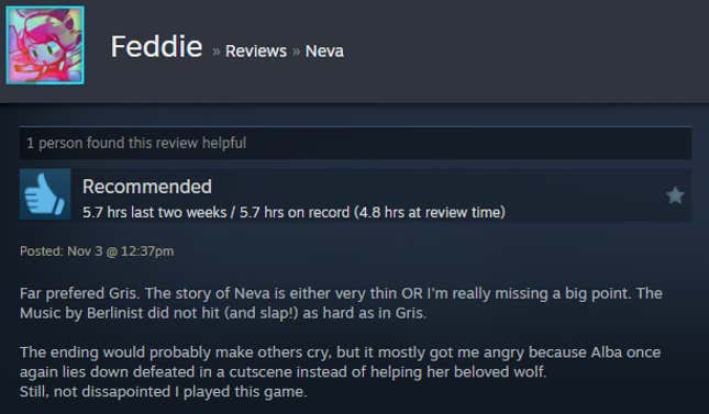 A screenshot shows a Steam user review from Neva.