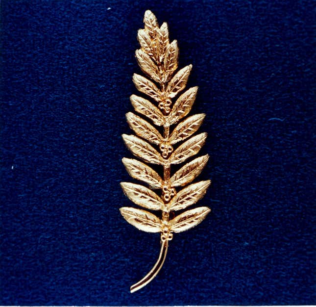 Replica of the gold olive branch deposited on the lunar surface during Apollo 11. 