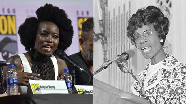 Danai Gurira, left, participates in “The Walking Dead” panel at the Comic-Con International on Friday, July 19, 2019; In this May 16, 1972, file photo, Rep. Shirley Chisholm, D-NY, talks during a speech in San Francisco while campaigning for the U.S. Presidency. 