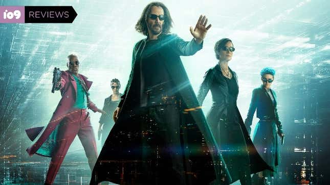Keanu Reeves posing with his cast on the poster for matrix 4