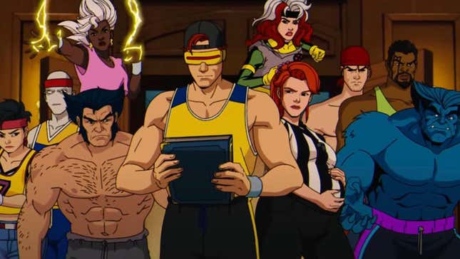X-Men wearing basketball outfits with cyclops in the center holding a book