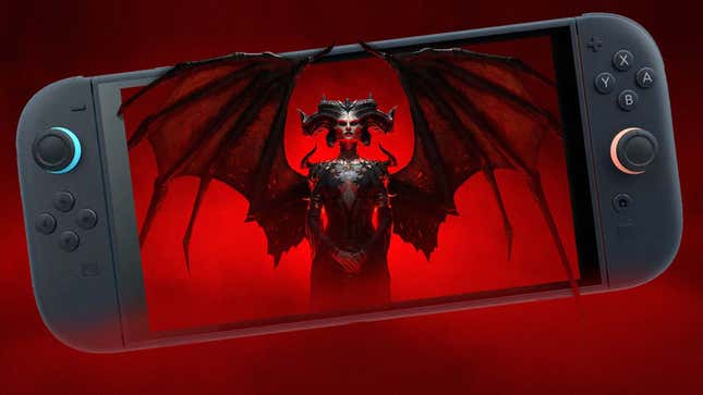 Lilith from Diablo is shown inside a Switch 2 screen.