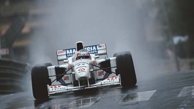 A photo of a white Stewart Formula 1 car. 