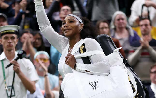 Serena Williams of The United States waves to the crowd after losing against Harmony Tan of France during their Women’s Singles First Round Match on day two of The Championships Wimbledon 2022 at All England Lawn Tennis and Croquet Club on June 28, 2022 in London, England. (Photo by Clive Brunskill/Getty Images)