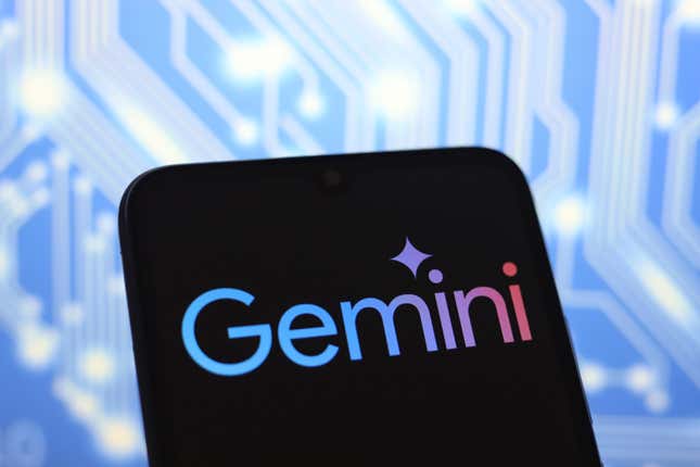 Gemini logo on a dark smartphone screen in front of a lit up blue backdrop with white sketches that make it look like a motherboard