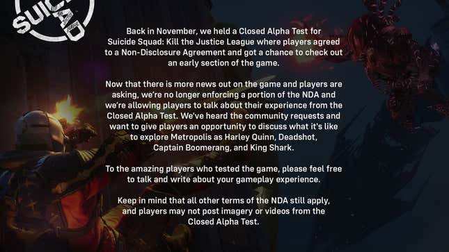 A screenshot shows a text message from Rocksteady about the cancellation of the NDA.