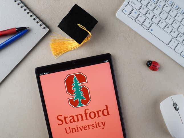 Stanford University logo on a tablet. 