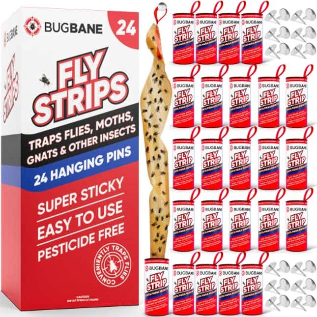 Image for article titled Fly Strips Indoor Sticky Hanging 24pk with Pins. Non Toxic Outdoor Fly Trap Indoor for Home. Flies Tape Paper Trap Ribbon Roll for House Gnat Fruit and Housefly. Bug Catchers for Inside Home Flypaper, Now 33% Off