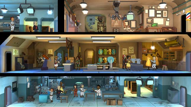 Vault dwellers amble around in Fallout Shelter, a free game on Switch.