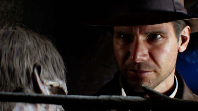 Indiana Jones stares at the corpse of someone he once knew.