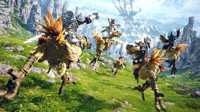 Players race forward on chocobos.