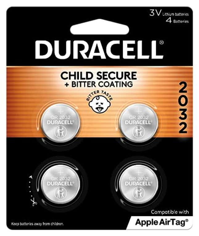 Image for article titled Duracell 2032 Lithium Battery. 4 Count Pack. Child Safety Features. Compatible with Apple AirTag, Now 57% Off