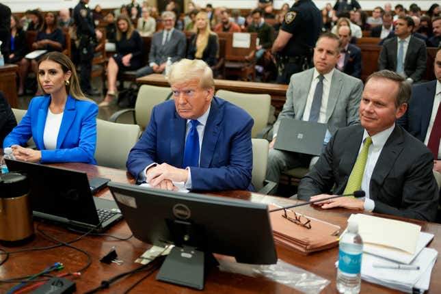 FILE - Former President Donald Trump, center, flanked by his defense attorneys, Alina Habba, left, and Chris Kiss, waits for the continuation of his civil business fraud trial at New York Supreme Court, Oct. 25, 2023, in New York. Trump&#39;s testimony on Monday will produce a rare spectacle of a former president being summoned to the stand as a trial witness. But Trump has actually had ample experience fielding questions from lawyers. His rhetorical style during years of depositions before becoming president could yield clues as to the approach he&#39;ll take when he testifies this week. (AP Photo/Seth Wenig, Pool)