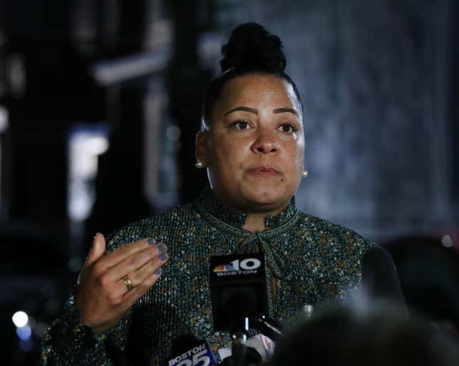 Former Suffolk County, Mass., DA Rachel Rollins speaks to the media after an incident with a barricaded suspect on Ferndale St on November 9, 2021 in Boston. Rollins, considered part of a wave of diverse, progressive local prosecutors was nominated and confirmed as the first Black woman U.S. attorney in Massachusetts by President Joe Biden.